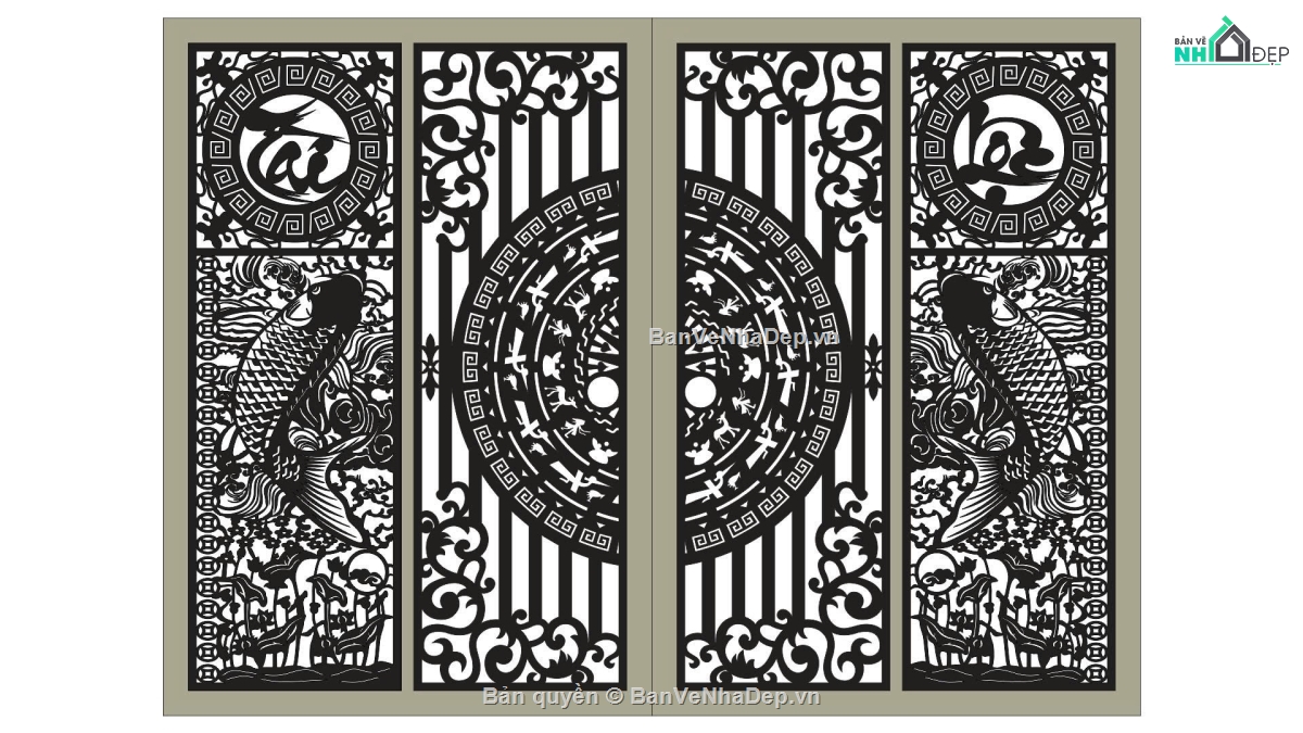 Cổng 4 cánh,cá chép tài lộc,cá chép tài lộc cnc